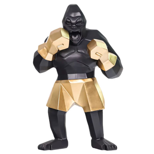 Escultura Decorativa Gorilla Boxer 24cm Conceito Preto e Dourado 