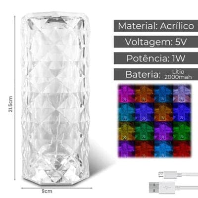 Luminária Cristal Touch de Mesa em Led - 16 Cores (Sem fio e Recarregável) Abajur - 0016 Conceito 