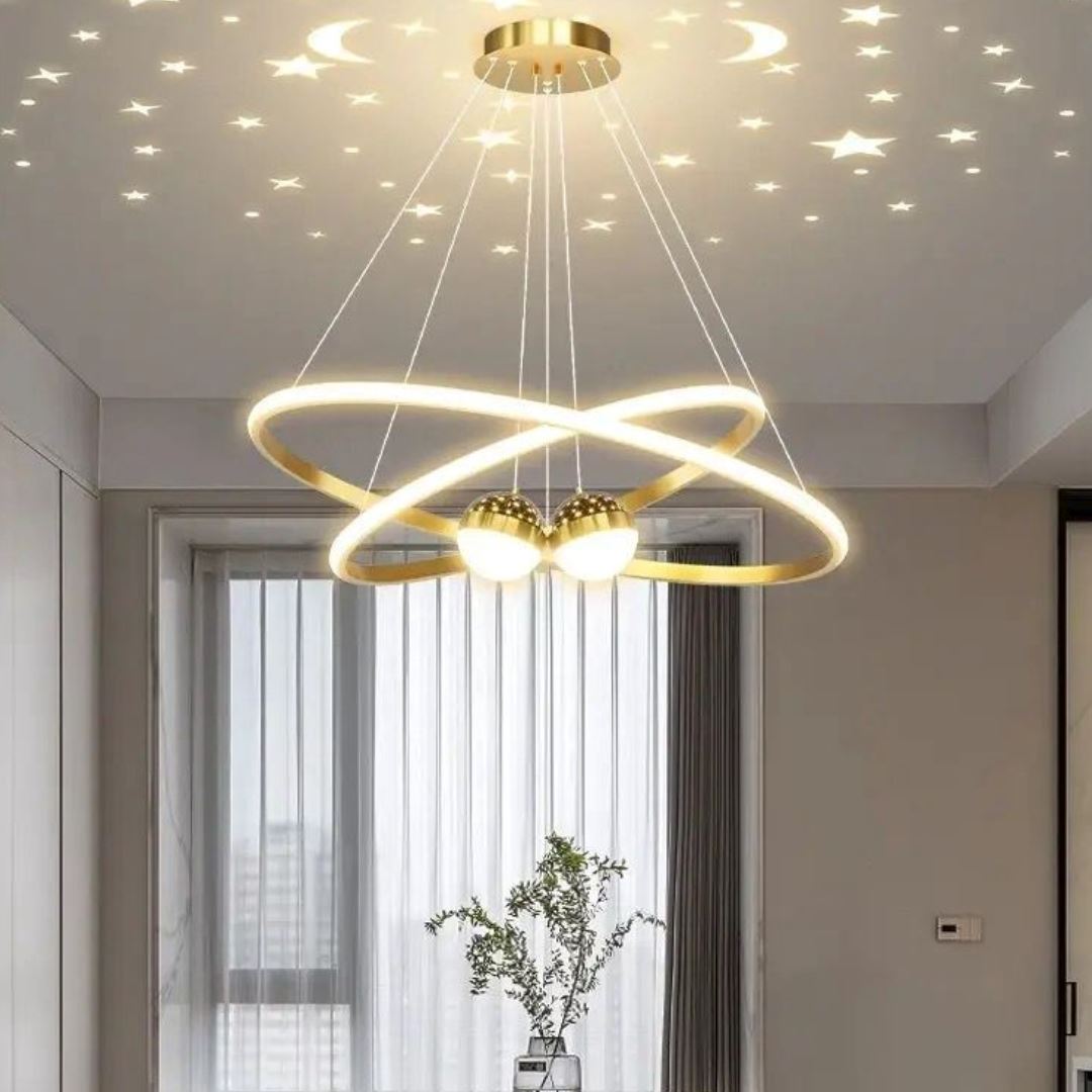 Lustre Pendente Luxuoso Circular Duplo em Led Lustre - 0012 Conceito Dourado 